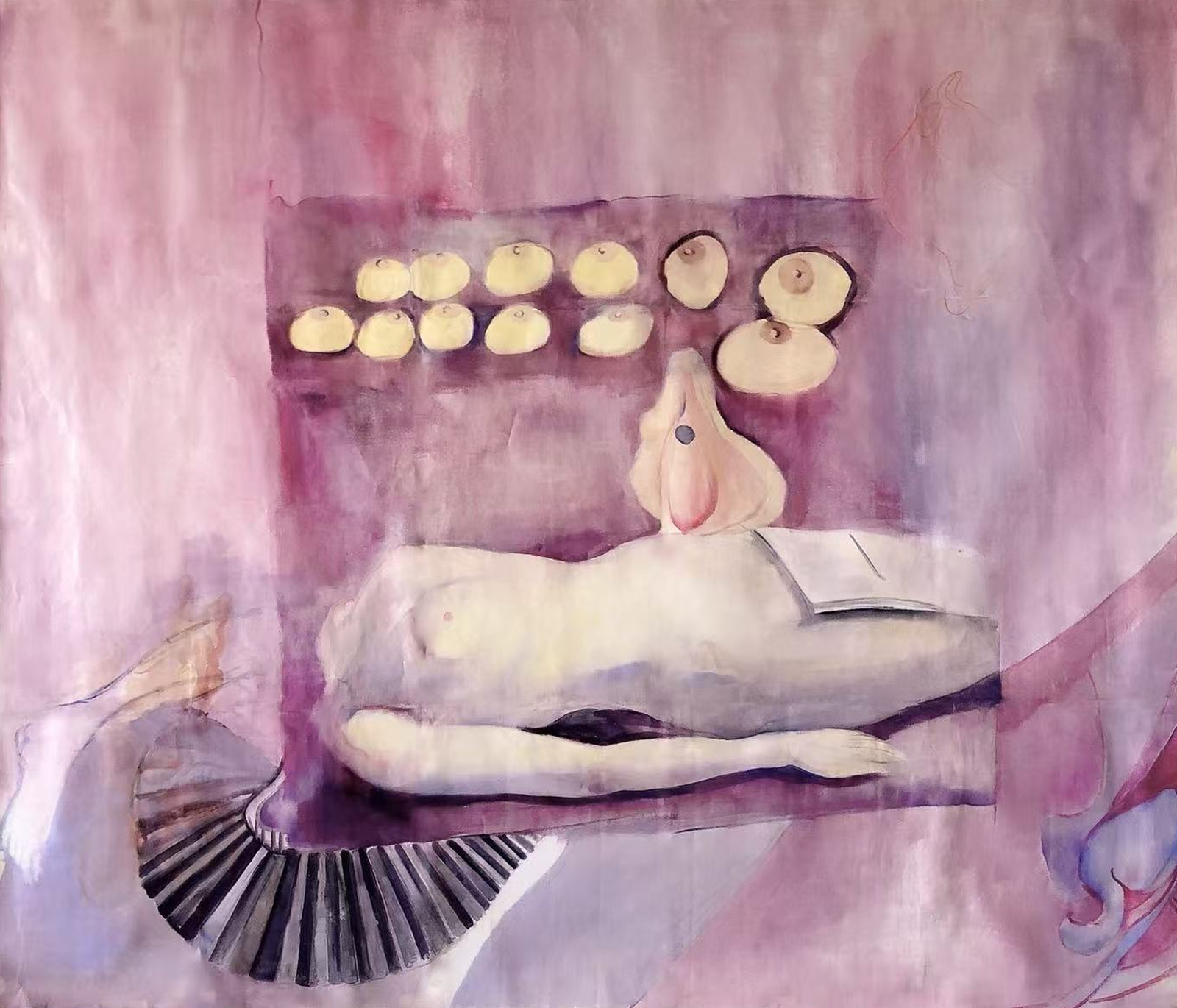 Pink and purple interior with body forms and stairs