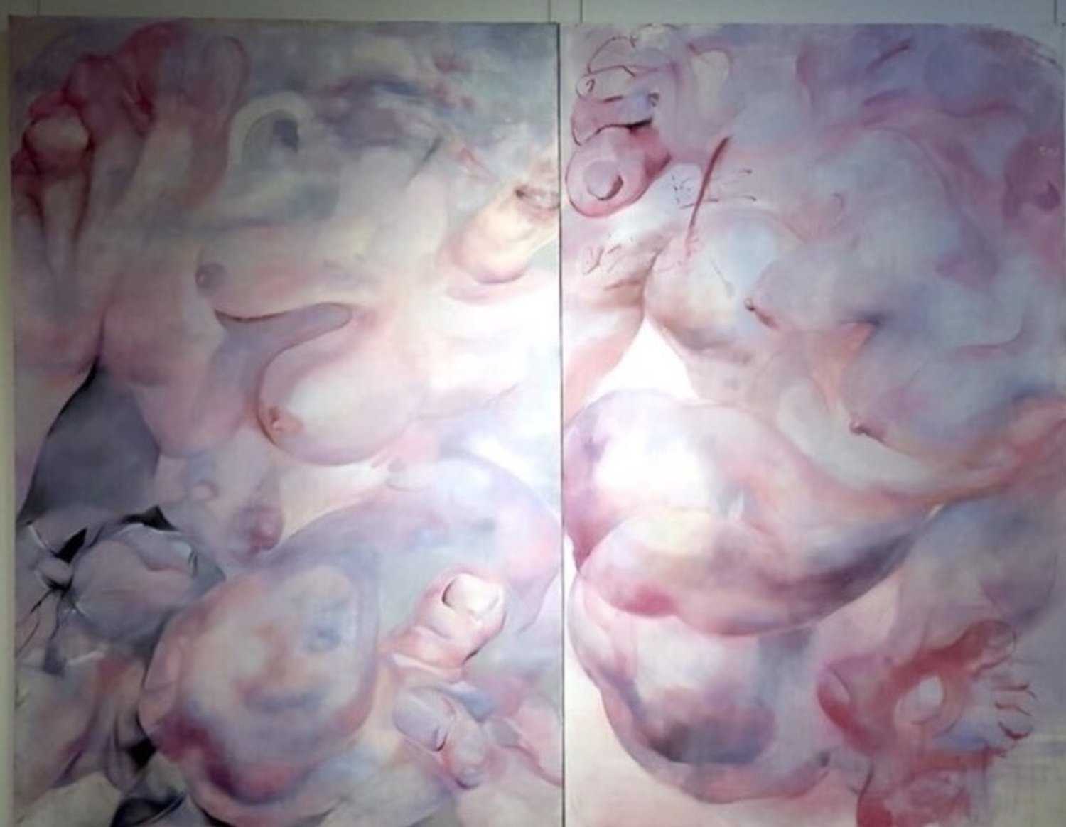 Two-panel painting of fragmented bodies and reflected spaces