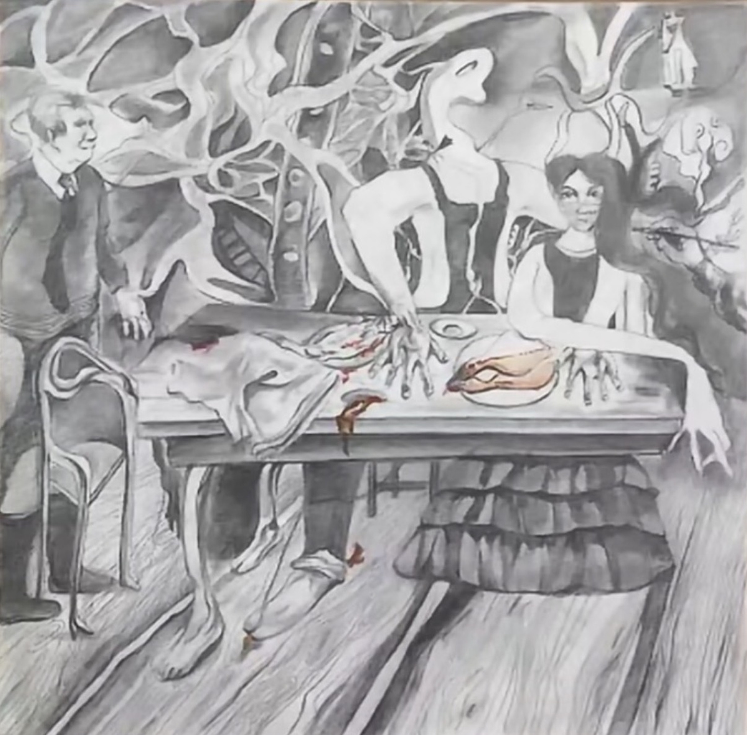 Figures gathered around a table within a distorted interior