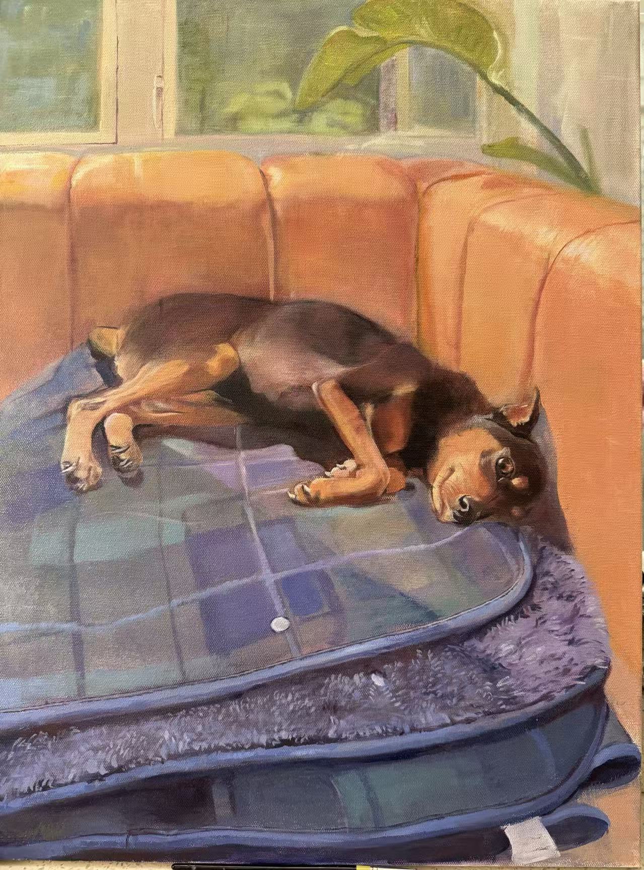 A dog resting on a sofa