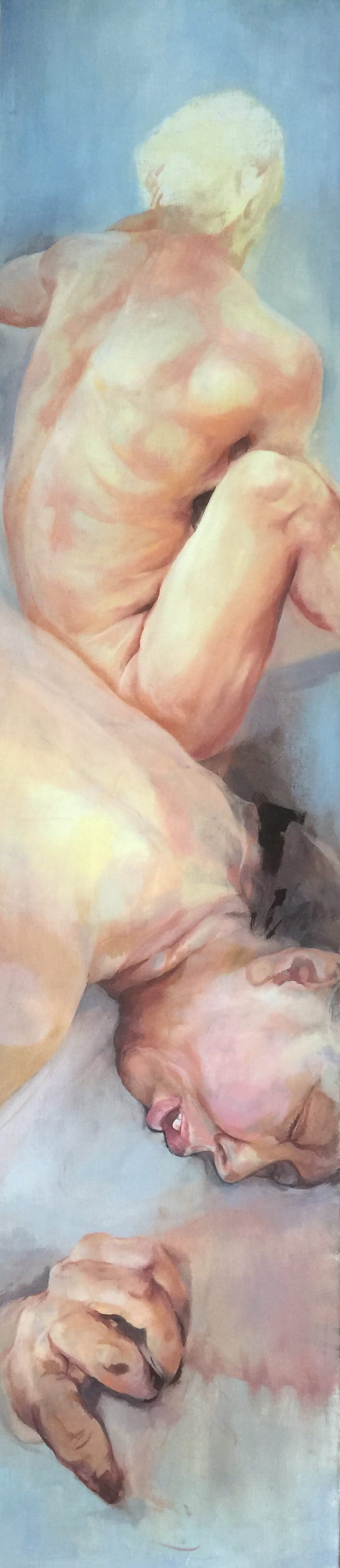 Body forms within a narrow blue vertical space